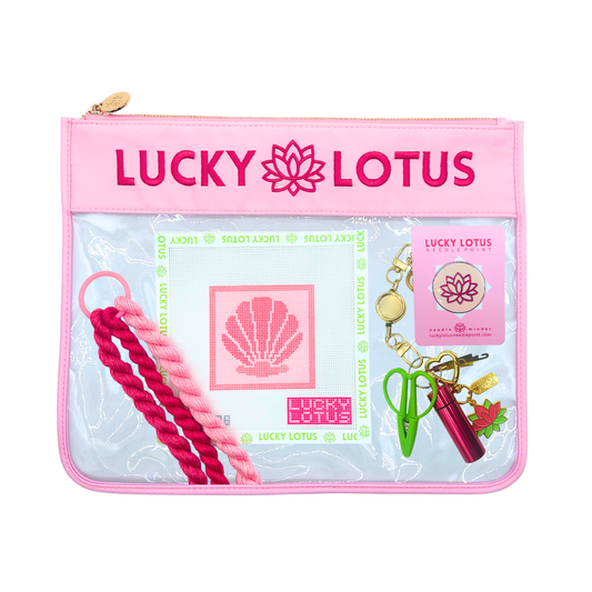 Seashell Beginner Needlepoint Kit with hand-painted canvas, Silk & Ivory threads, project bag, needle minder, and Lucky Lotus stitching tools.