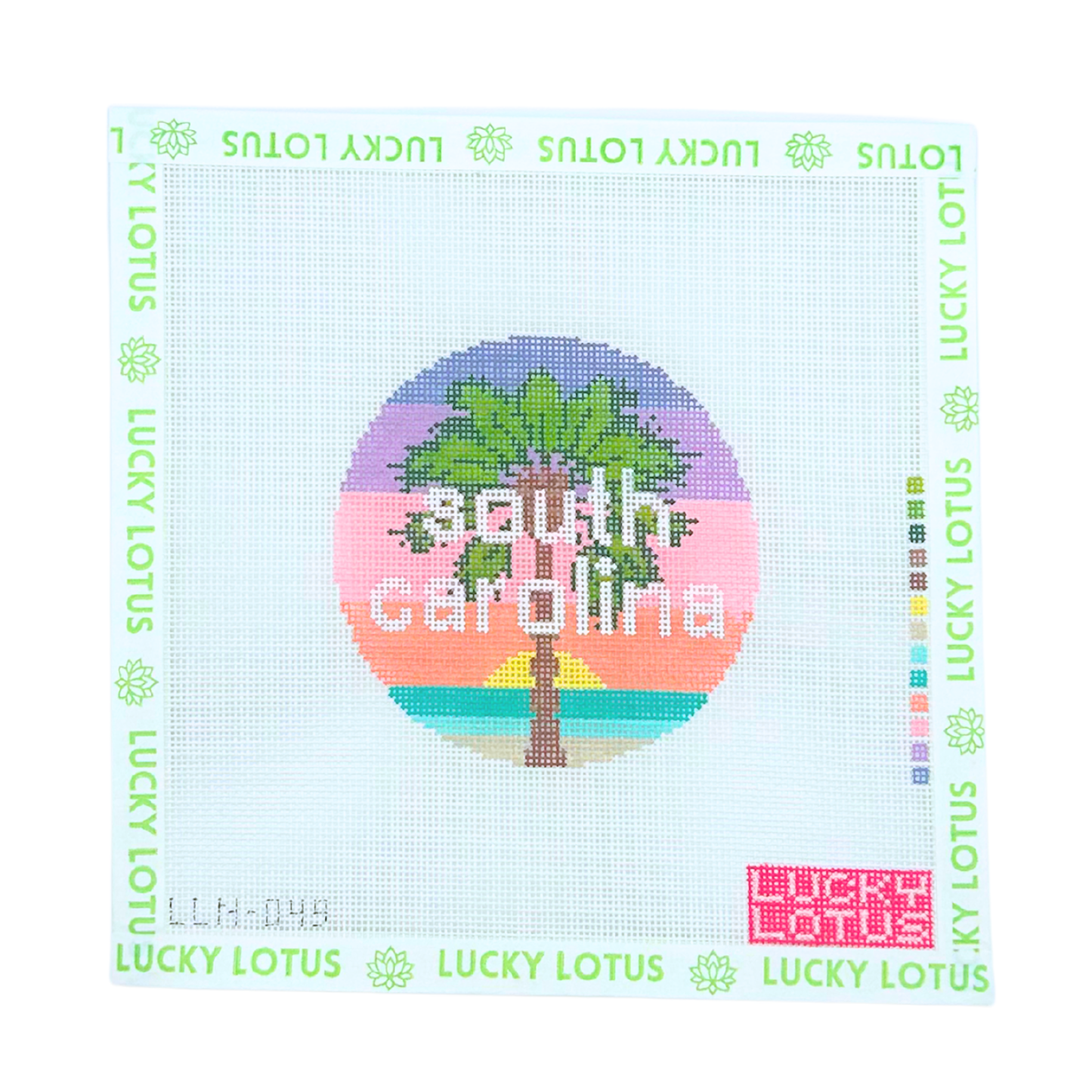 South Carolina round needlepoint canvas with palm tree, sunset and ocean by Lucky Lotus Needlepoint