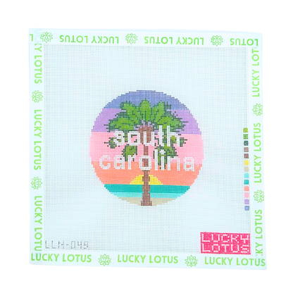 South Carolina round needlepoint canvas with palm tree, sunset and ocean by Lucky Lotus Needlepoint