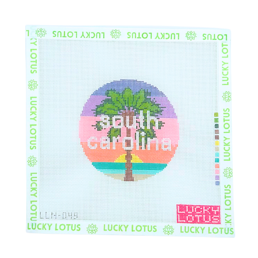 South Carolina round needlepoint canvas with palm tree, sunset and ocean by Lucky Lotus Needlepoint