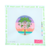 South Carolina round needlepoint canvas with palm tree, sunset and ocean by Lucky Lotus Needlepoint