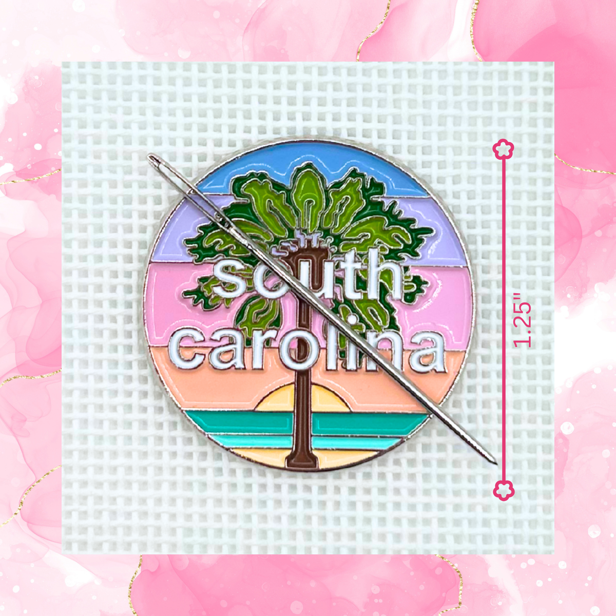 South Carolina needlepoint needle minder close up featuring a palm tree and colorful coastal sunset design.