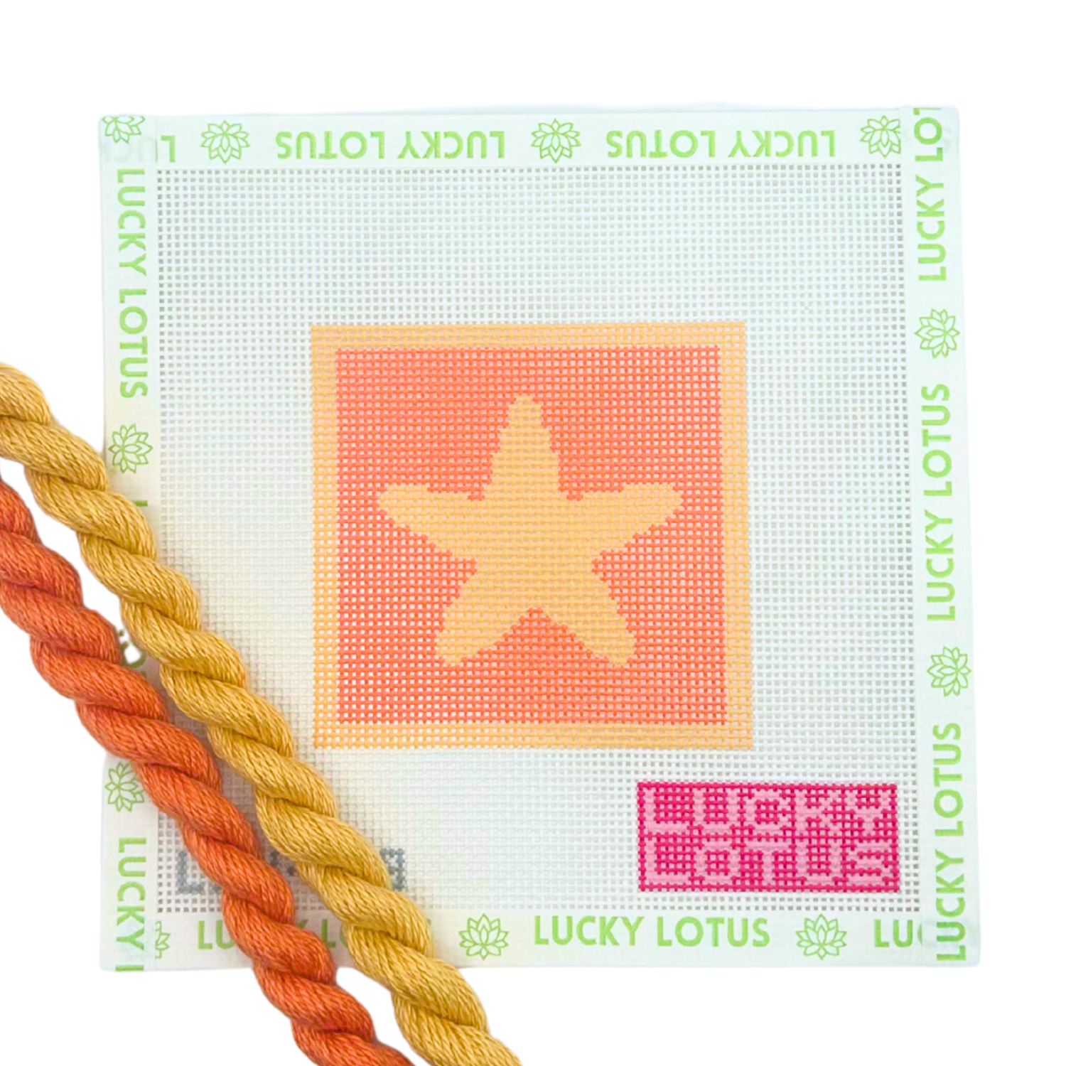 Hand-painted starfish needlepoint canvas for the Lucky Lotus Crab Beginner Needlepoint Kit.