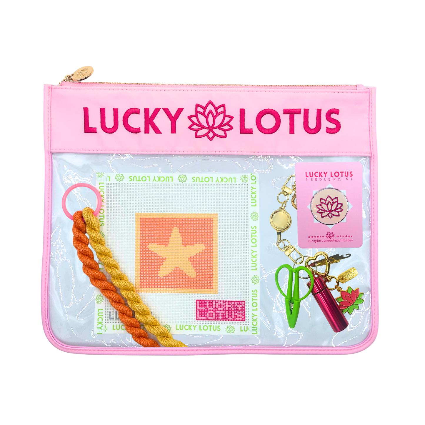 Starfish Beginner Needlepoint Kit with hand-painted canvas, Silk & Ivory threads, project bag, needle minder, and Lucky Lotus stitching tools.
