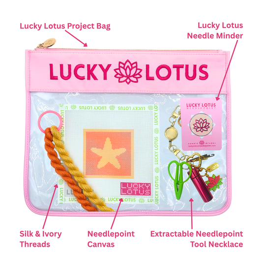 Contents of the Starfish Beginner Needlepoint Kit including hand-painted canvas, Silk & Ivory threads, project bag, needle minder, and extractable needlepoint tool keychain.