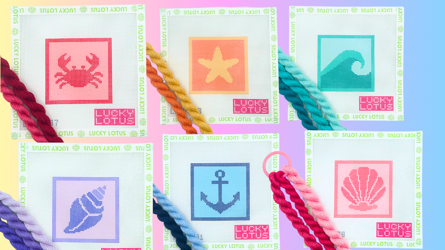 Summer Beginner Needlepoint Kits collection featuring six coastal-inspired designs: crab, starfish, wave, anchor, seashell, and conch shell by Lucky Lotus Needlepoint.