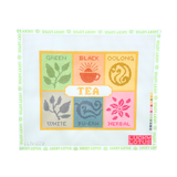 Lucky Lotus Needlepoint Tea Box canvas featuring green, black, oolong, white, pu-erh, and herbal tea designs in colorful blocks.