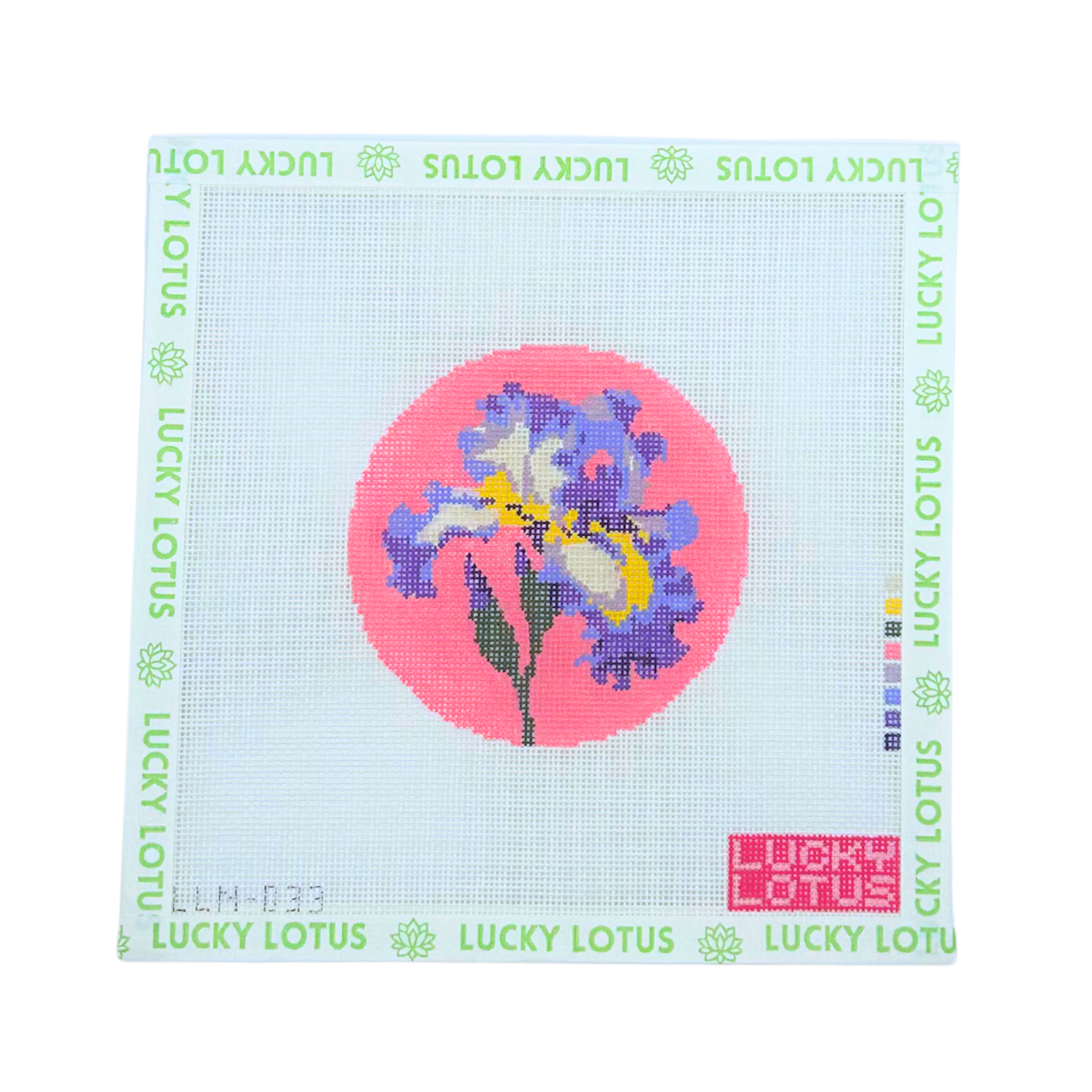 Tennessee Iris flower needlepoint canvas with purple iris on a pink background by Lucky Lotus Needlepoint