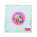 Tennessee Iris flower needlepoint canvas with purple iris on a pink background by Lucky Lotus Needlepoint
