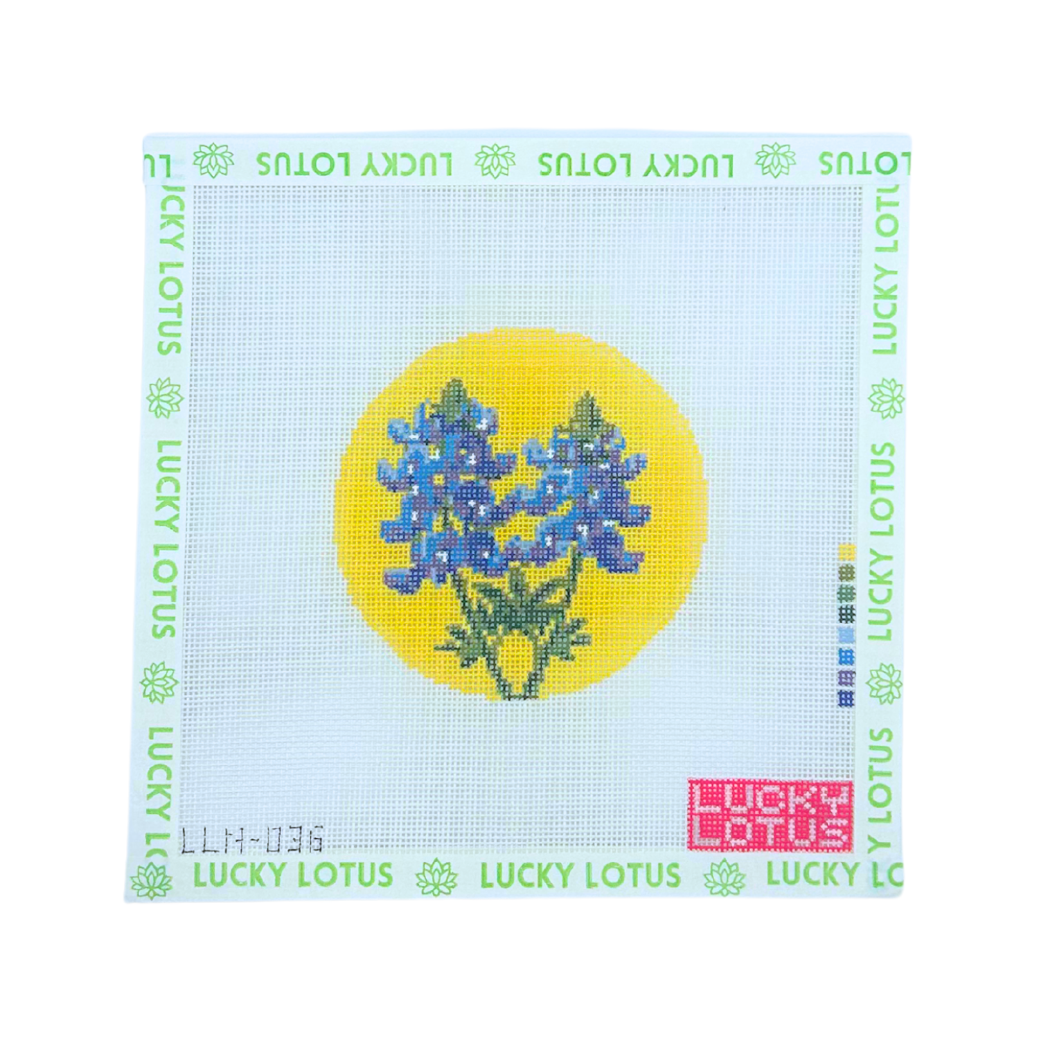 Texas Bluebonnet flower needlepoint canvas with blue flowers on a yellow background by Lucky Lotus Needlepoint