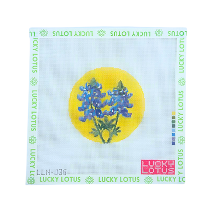 Texas Bluebonnet flower needlepoint canvas with blue flowers on a yellow background by Lucky Lotus Needlepoint