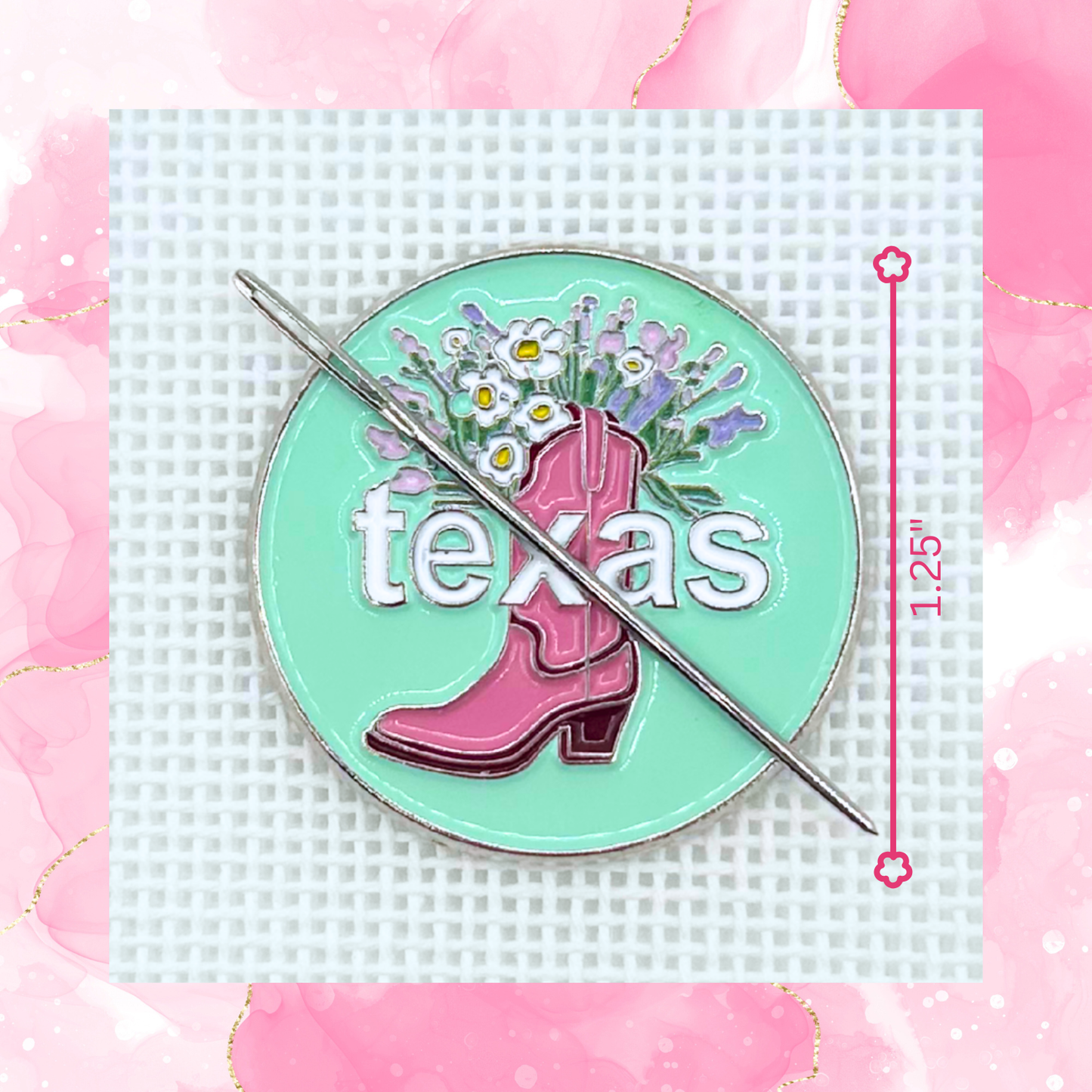 Texas needlepoint needle minder close up featuring a pink cowboy boot filled with colorful wildflowers on a turquoise background.