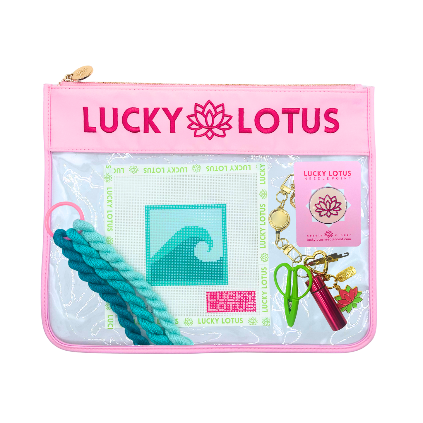Wave Beginner Needlepoint Kit with hand-painted canvas, Silk & Ivory threads, project bag, needle minder, and Lucky Lotus stitching tools.