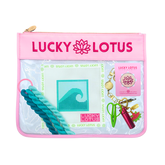 Wave Beginner Needlepoint Kit with hand-painted canvas, Silk & Ivory threads, project bag, needle minder, and Lucky Lotus stitching tools.