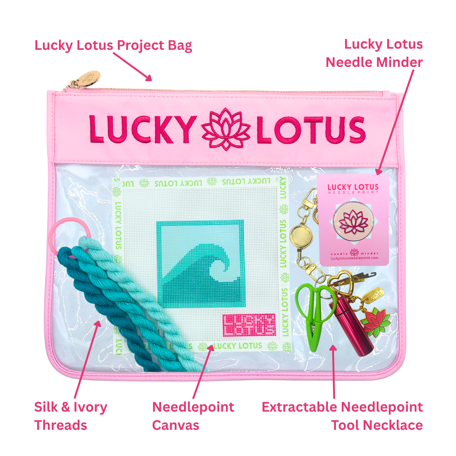 Contents of the Wave Beginner Needlepoint Kit including hand-painted canvas, Silk & Ivory threads, project bag, needle minder, and extractable needlepoint tool keychain.